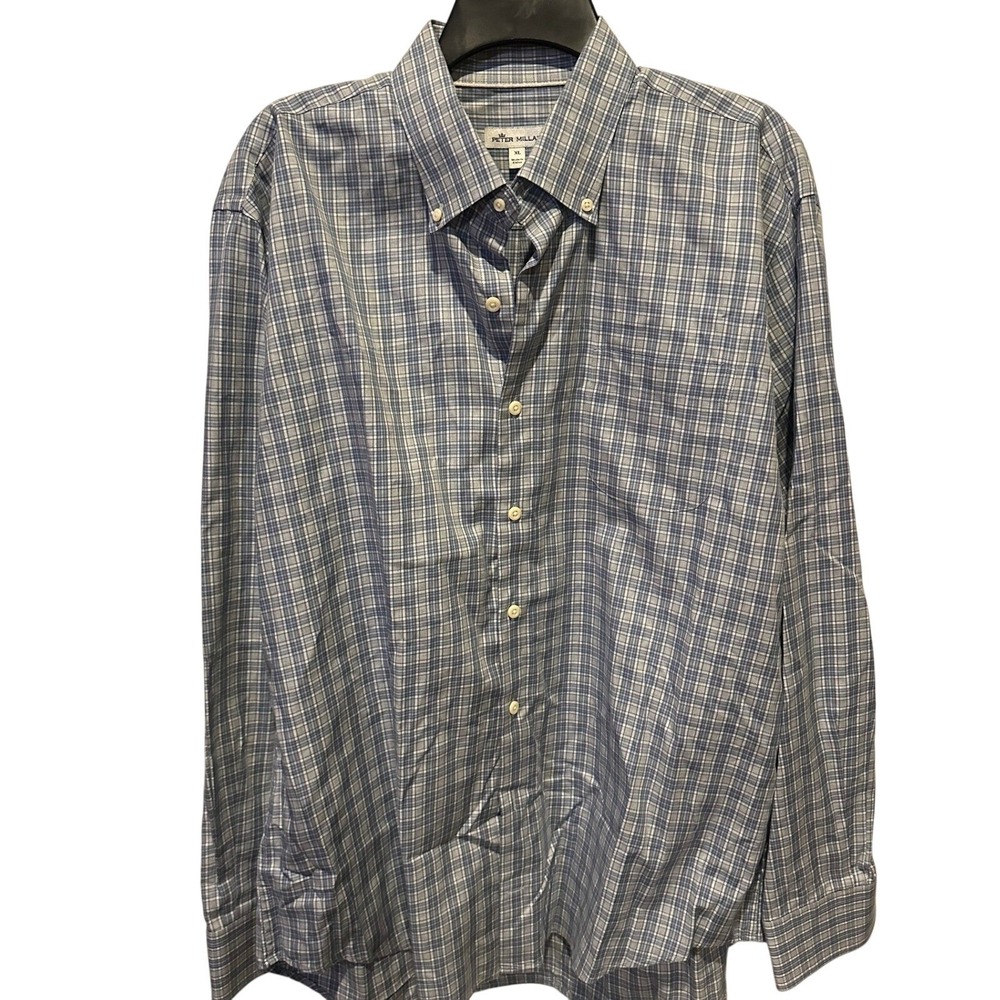 Peter Millar Mens XL Blue White Plaid Cotton Button Down Long Sleeve Shirt